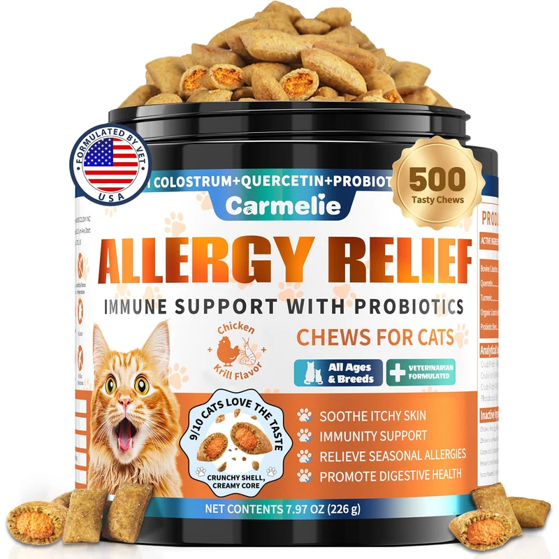 Carmelie – Friandises Allergie Chat, 500 bouchées croustillantes et crémeuses (Poulet & Krill)