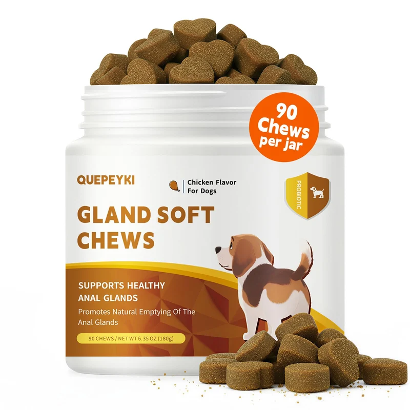 QUEPEYKI Friandises de Soutien à la Glande Anale pour Chiens – 90 unités, Probiotiques 800M CFU, Poulet & Foie