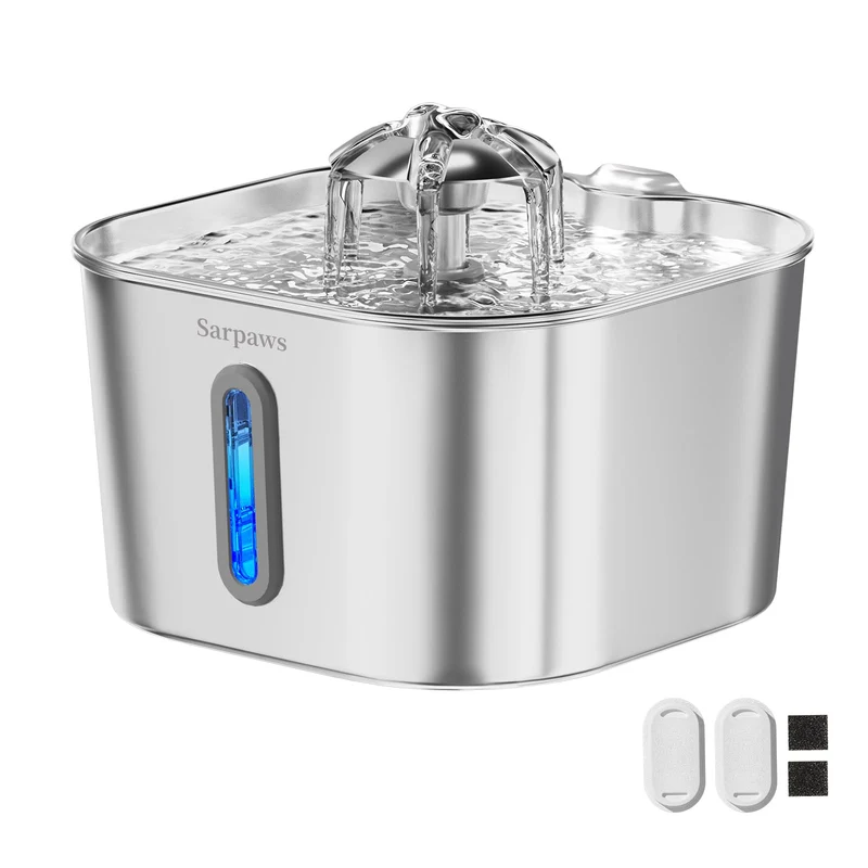 Sarpaws Fontaine d'eau pour chat en acier inoxydable – 2,2 L, 2 filtres + 2 éponges, ultra silencieuse