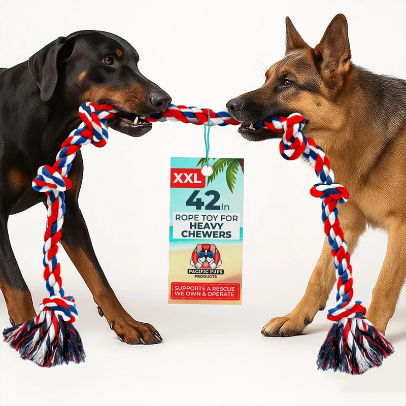 Pacific Pups — Corde de jeu géante 42 pouces pour chiens de grande taille (6 nœuds, indestructible, soutien au sauvetage animal, rouge)