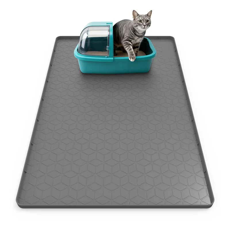 Anzfy Tapis Litière Chat 34x22 en Silicone — Anti-Éparpillement, Étanche et Antidérapant (Gris)