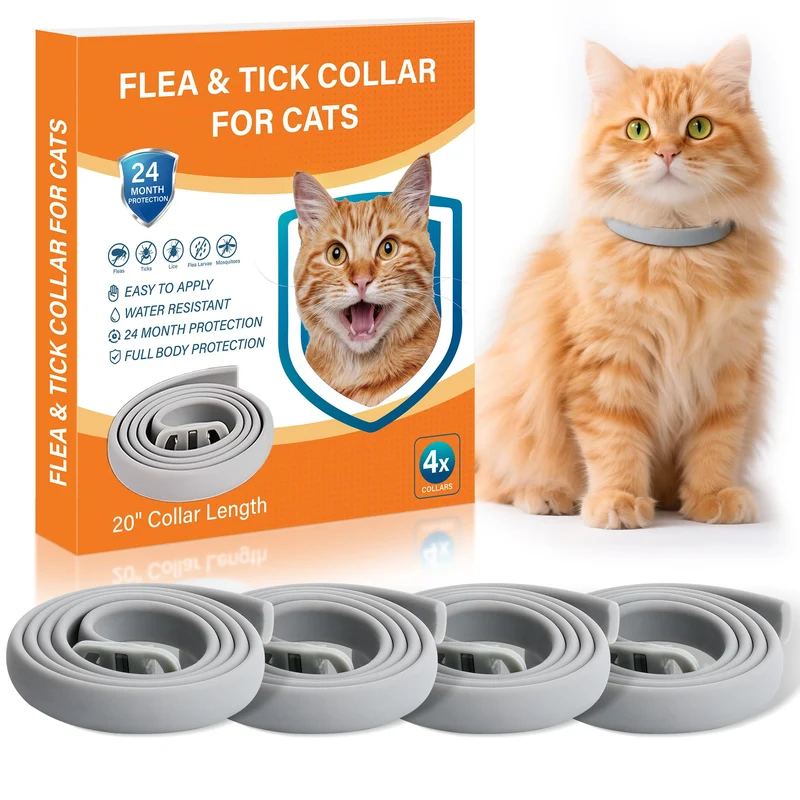 Trihood – Lot de 4 colliers antipuces et tiques pour chats, réglables 20 pouces, protection jusqu’à 24 mois, étanche