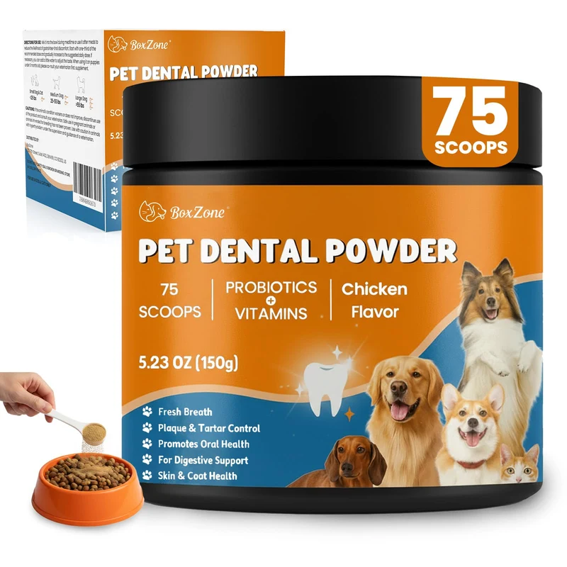 BoxZone Poudre Dentaire pour Chiens et Chats – Contrôle Plaque & Tartre, Goût Poulet, 75 Cuillères-Dose