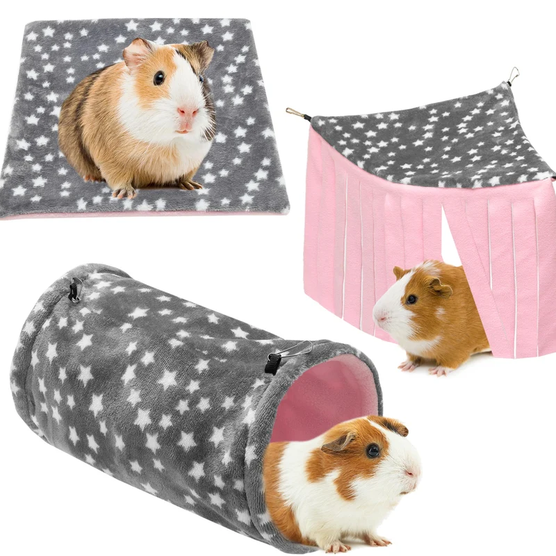 JVVGPET Ensemble 3 Accessoires Fleece pour Cobaye et Petits Animaux | Tunnel, Tapis et Cachette Coin