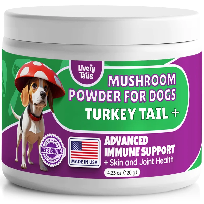 Lively Tails – Poudre de champignons 4 en 1 pour chiots et chiens (Queue-de-dinde, Crinière de lion, Reishi, Cordyceps) – 4,25 oz
