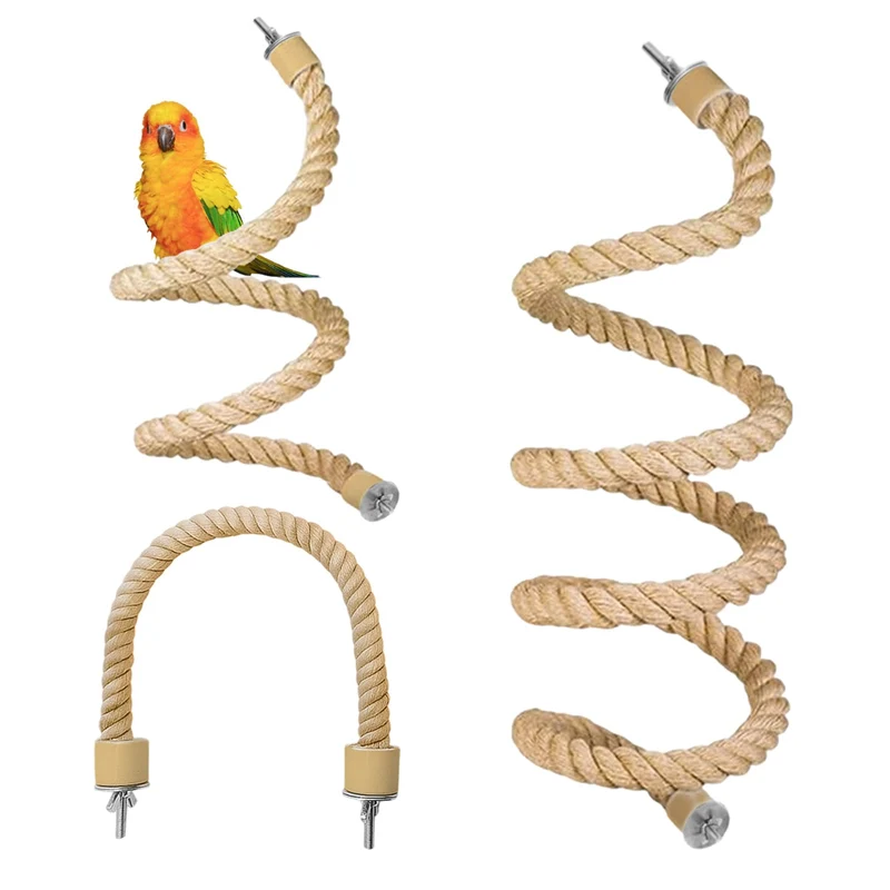 DINTSTYLE - 3 Pcs Perches Corde pour Oiseaux en Chanvre Naturel | Cage, Montage Bois et Inox