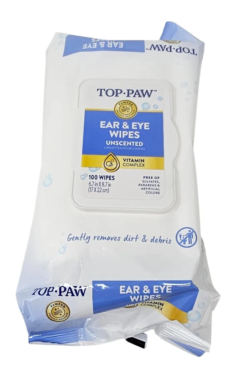 TOP PAW Lingettes Oreilles et Yeux Sans Parfum — 100 Pièces pour Chiens