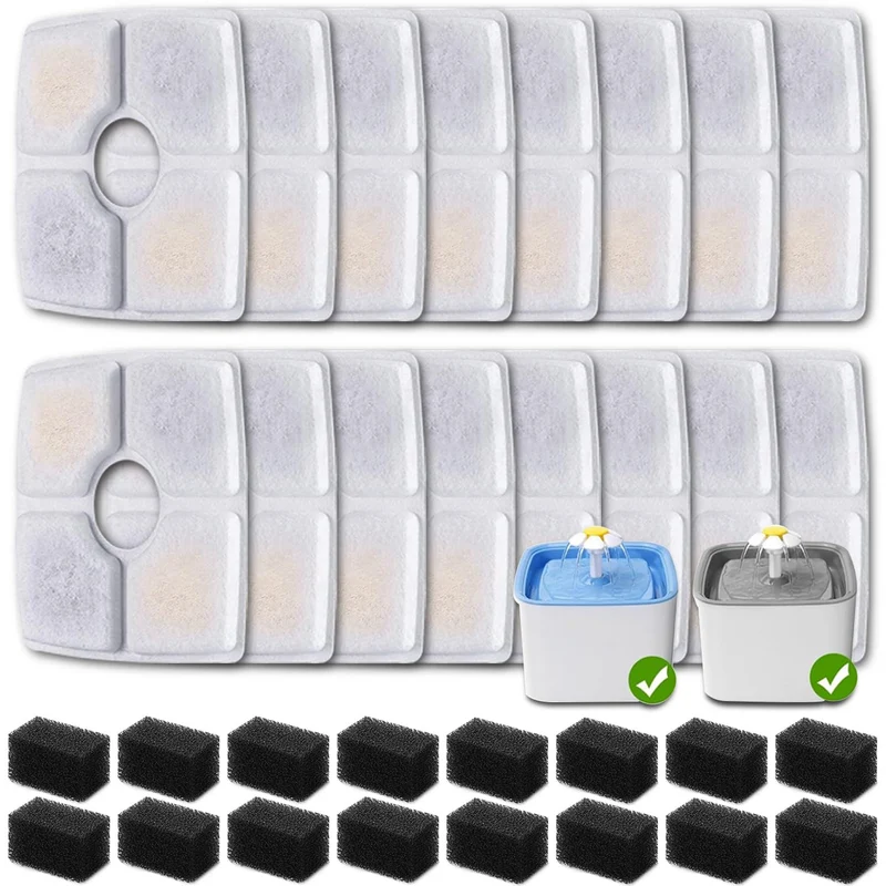 OUPUSES: 16 filtres de remplacement + 16 éponges pré-filtre pour fontaine Veken 84 oz (2,5 L) – Filtration triple