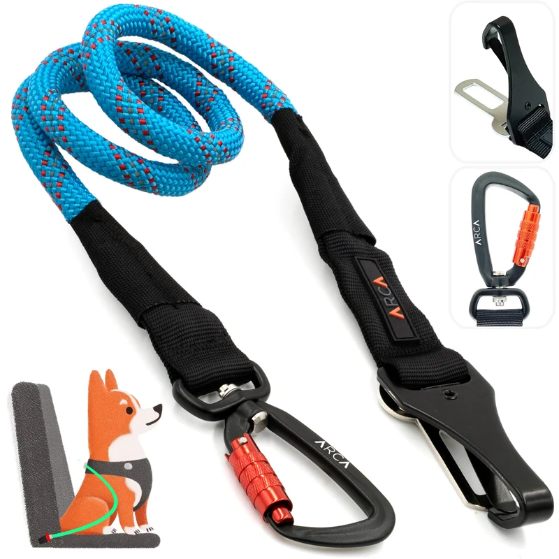 ARCA PET – Ceinture de sécurité pour chien en voiture | Sangle d’escalade, carabine en aluminium aviation, rotation 360°, verrouillage automatique (Trail Blue)