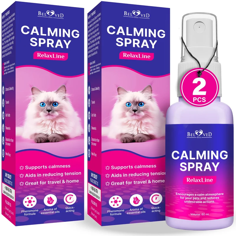 Beloved Pets – Spray de phéromones apaisantes pour chats – Réduit griffures et marquage urinaire (60 ml, pack de 2)
