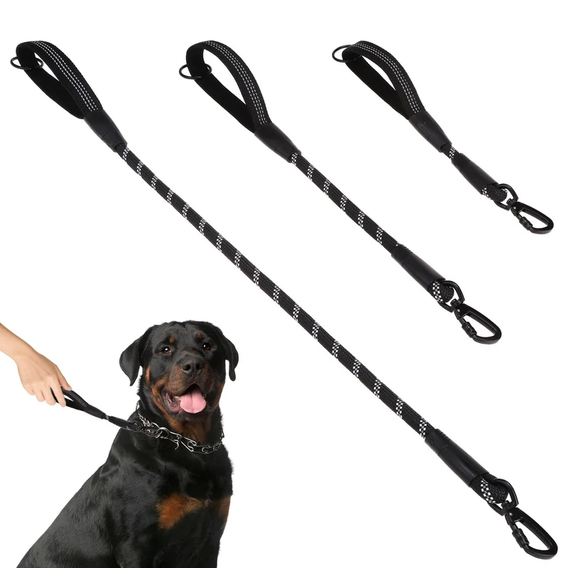 Laisse Chien Réfléchissante PUPTECK – Pack 3 (1 pied / 1,5 pieds / 2,5 pieds), Poignée Douce et Mousqueton Sécurisé, Noir