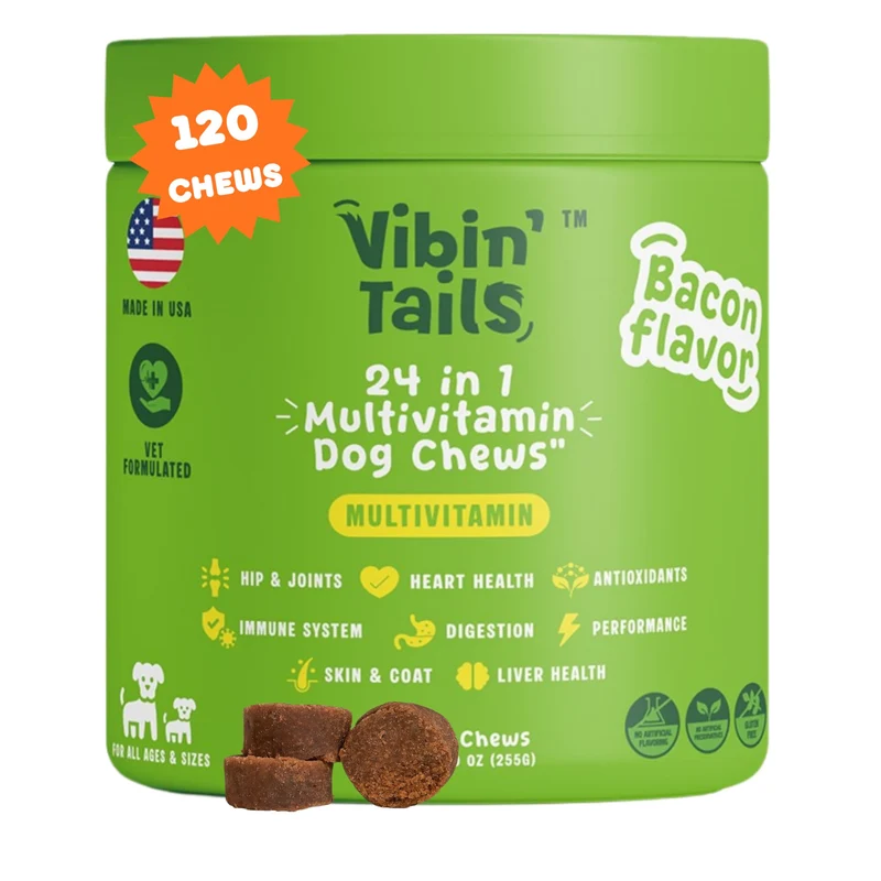 Vibin’ Tails – Multivitamines 24 en 1 pour chiens, soutien hanches et articulations, probiotiques et Oméga-3, peau et poil – 120 bouchées au bacon
