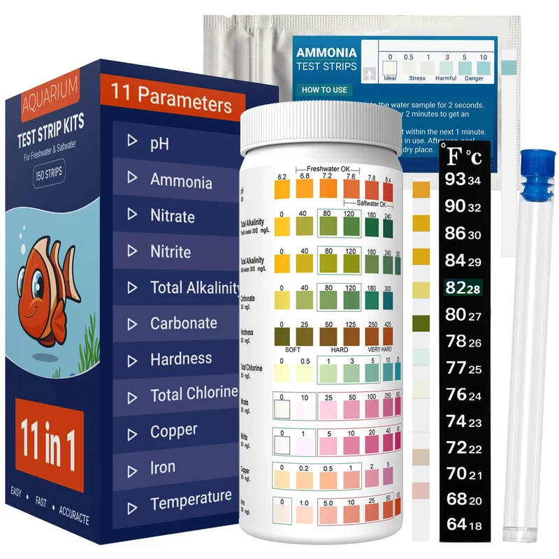 AKSBTEC — Kit de bandelettes de test d'aquarium 11 en 1 | 150 bandelettes pour ammoniaque, pH, nitrates, nitrites, dureté, chlore et carbonate