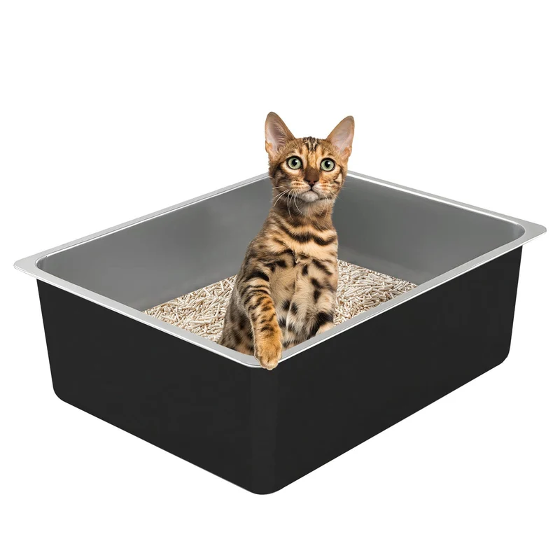 Tondid Bac à Litière en Acier Inoxydable pour Chats – Noir, Grand Modèle, Hauts Rebords, Nettoyage Facile