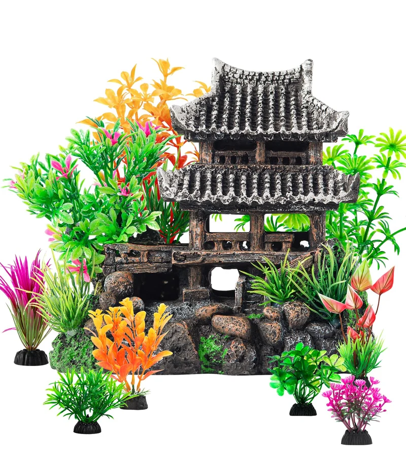 CousDUoBe - Ensemble de 9 Décorations Château en Résine pour Aquarium, Accessoires Écologiques