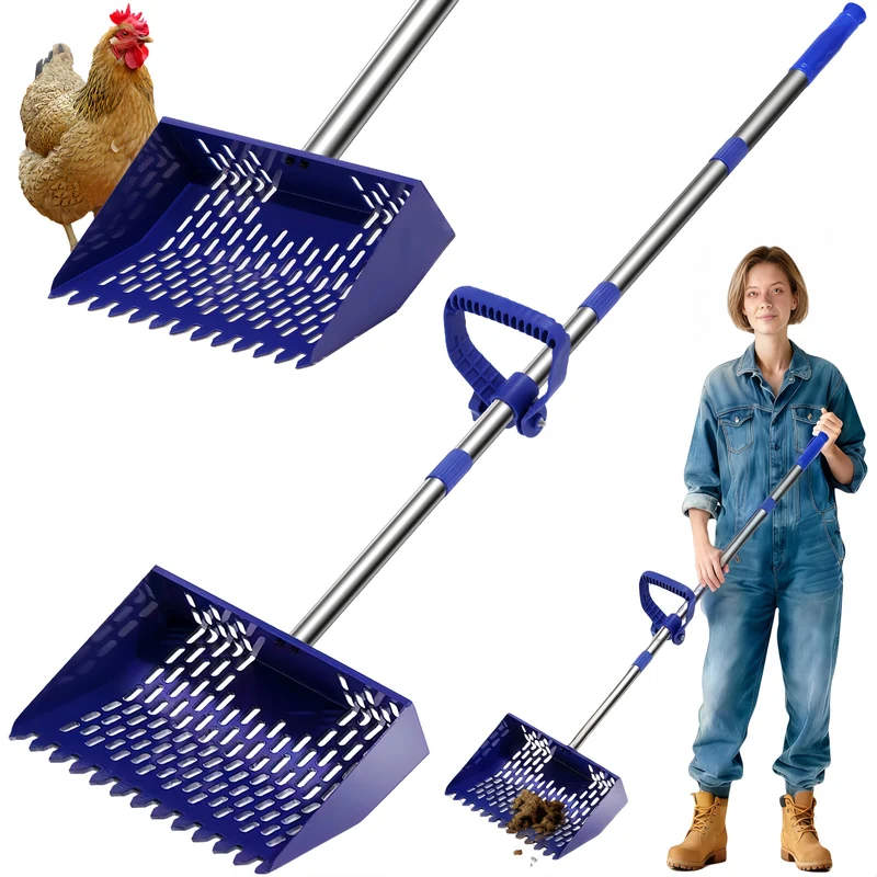 Mogenxoye Pelle-Tamis 3-en-1 – Manche Acier 304 et Râteau, 35-62 cm, Nettoyage Poulailler