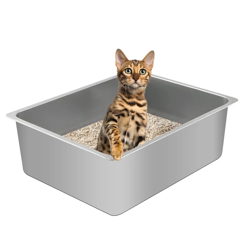 Tondid Litière en Acier Inox — Bac à Litière à Hauts Bords pour Chats Moyens