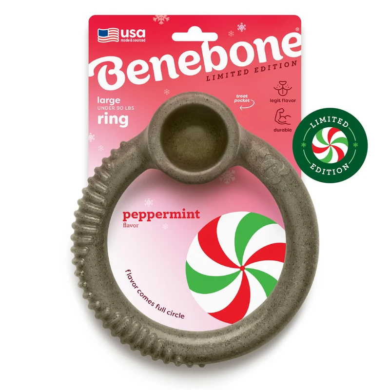Benebone Peppermint Ring – Édition Noël limitée – Jouet à mâcher durable pour chiens agressifs, fabriqué aux États-Unis, Taille Large