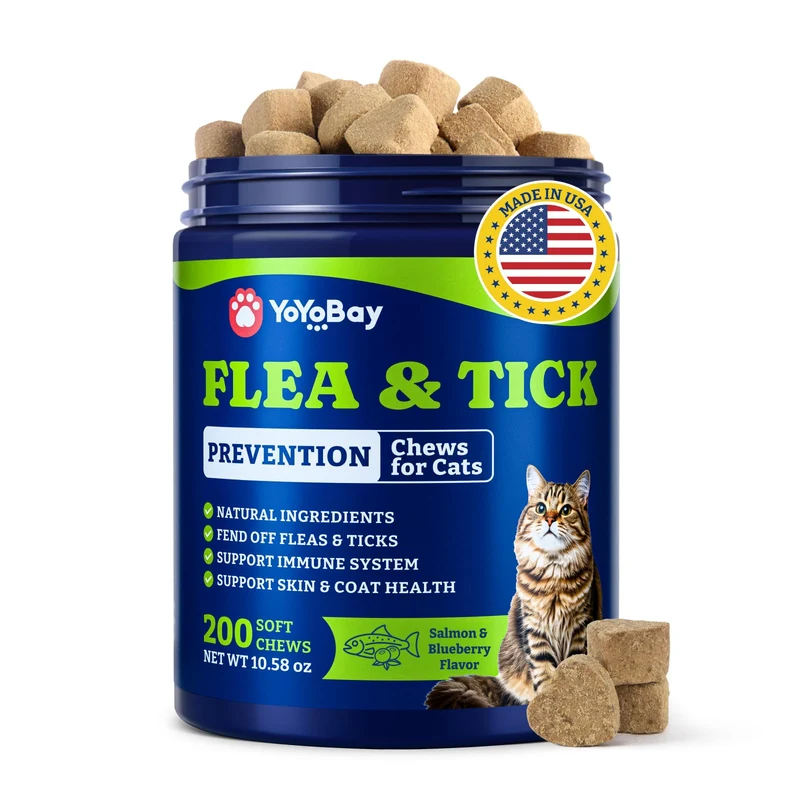 YoYoBay Prévention Puces et Tiques pour Chats – 200 Friandises Molles Saveur Saumon et Myrtille