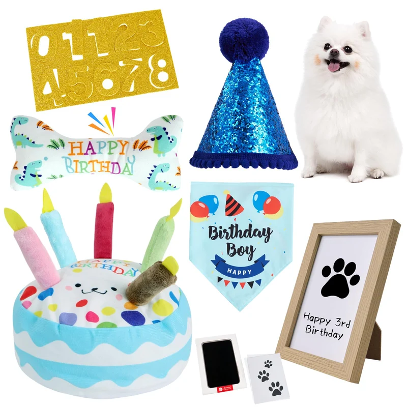 PATTEPOINT Ensemble Anniversaire pour Chien — Jouets Siffleurs, Chapeau, Bandana et Cadre Empreinte