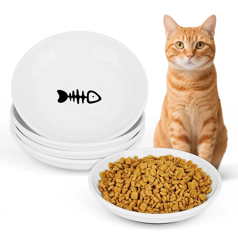 Bols en porcelaine Turfson pour chats – Lot de 4, peu profonds, base silicone antidérapante, micro-ondes et lave-vaisselle