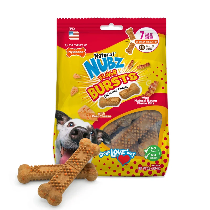 Nylabone Nubz Flavor Bursts – Friandises naturelles à mâcher pour chiens, bacon et fromage, sans céréales, fabriqué aux États-Unis (7 pièces)