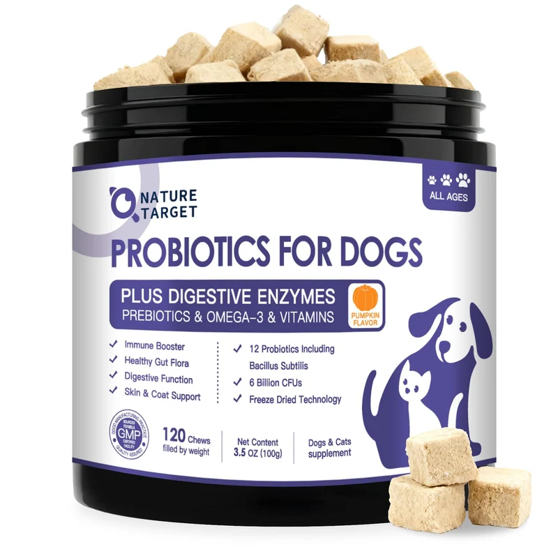 NATURE TARGET Probiotiques pour Chiens – 6 milliards CFU, prébiotiques, enzymes, oméga-3, citrouille, 120 bouchées