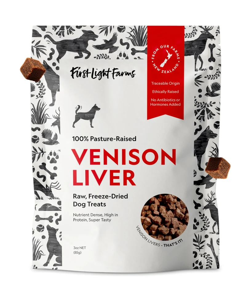 First Light: Friandise Foie de Venaison Lyophilisé pour Chien – 3oz, Ingrédient Unique, Élevé en Plein Air NZ