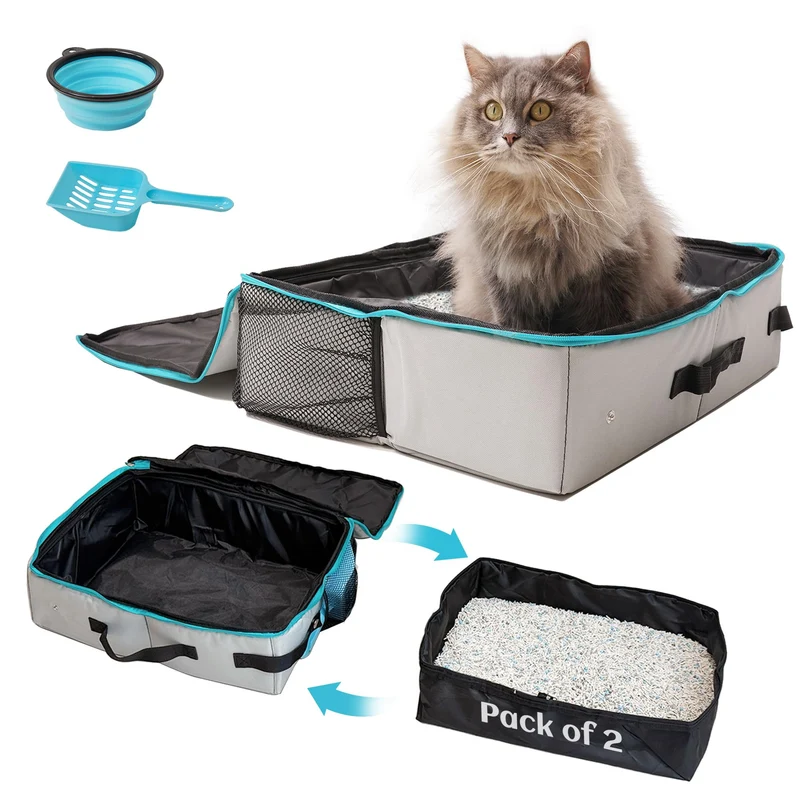 PETKARAY Boîte à litière portable pour voyage — Double liner, couvercle zippé, étanche et légère — Gris, taille moyenne