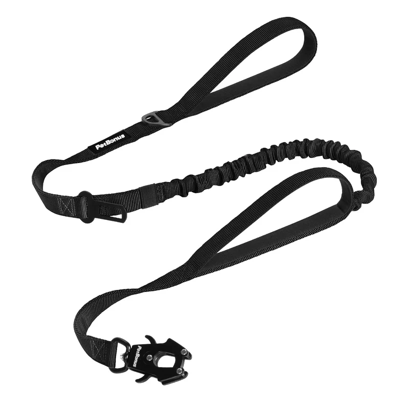 PetBonus Laisse Chien Tactique 5 Pieds – Absorption Bungee, Double Poignées, Clip Rapide, Ceinture Voiture (Noir)