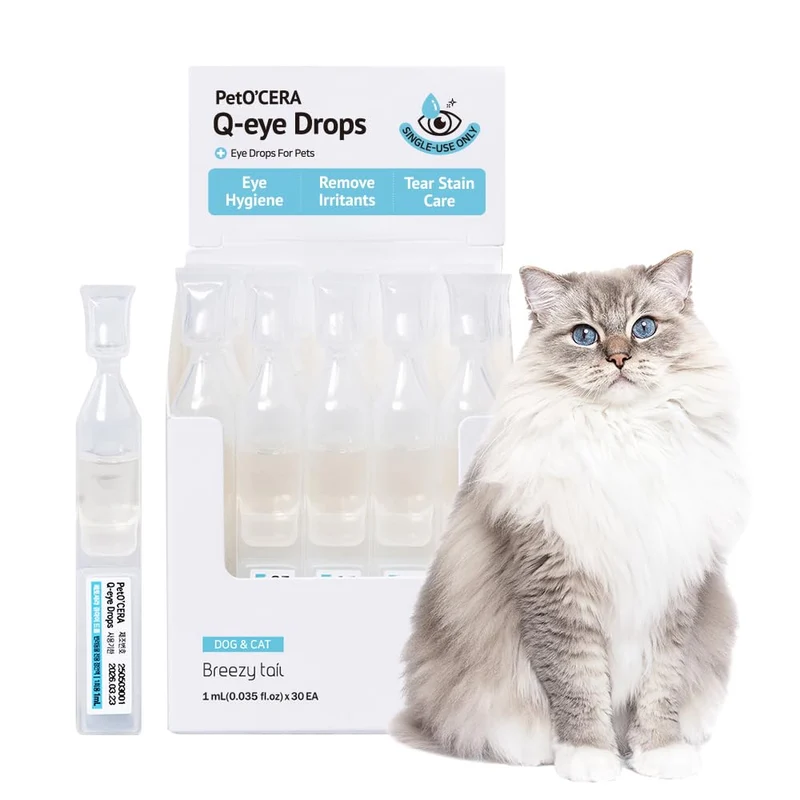 Breezytail PetO’Cera Q-Eye – Gouttes oculaires lubrifiantes quotidiennes pour chiens et chats (1 mL x 30 unidoses)
