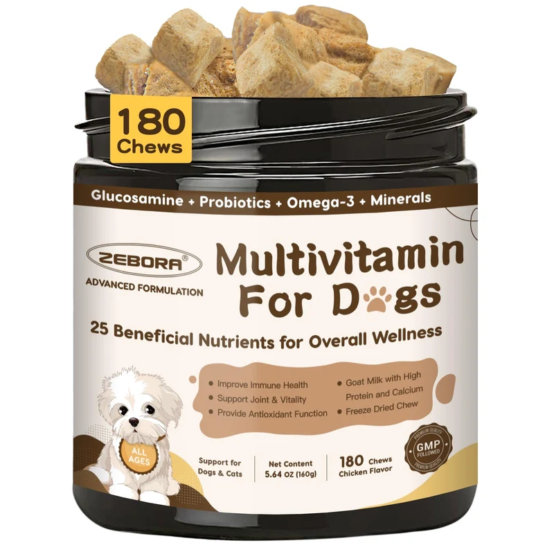 ZEBORA – Multivitamines pour chien avec probiotiques, oméga 3 et glucosamine – 180 friables à croquer