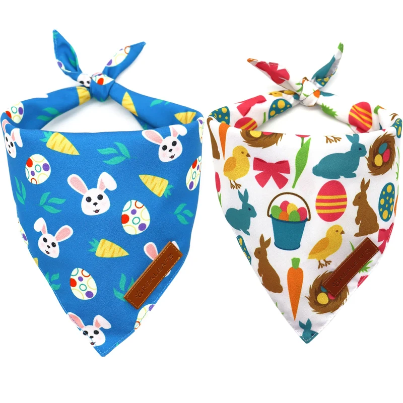 Realeaf Bandanas Chien Pâques – Lot de 2, Design Réversible Lapin et Œufs, Tissus Durables (Tailles S/L/XL)