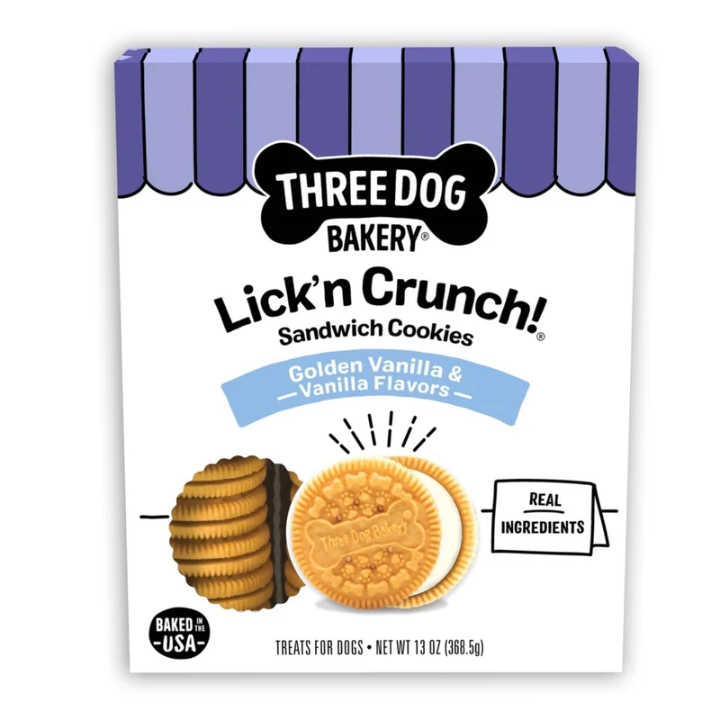 Three Dog Bakery Lick'n Crunch! Biscuits sandwich vanille – Friandises réelles pour chiens