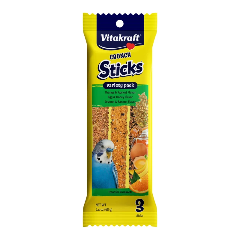 Vitakraft Crunch Sticks pour Perruches – 3 Saveurs, Cœur en Bois Naturel