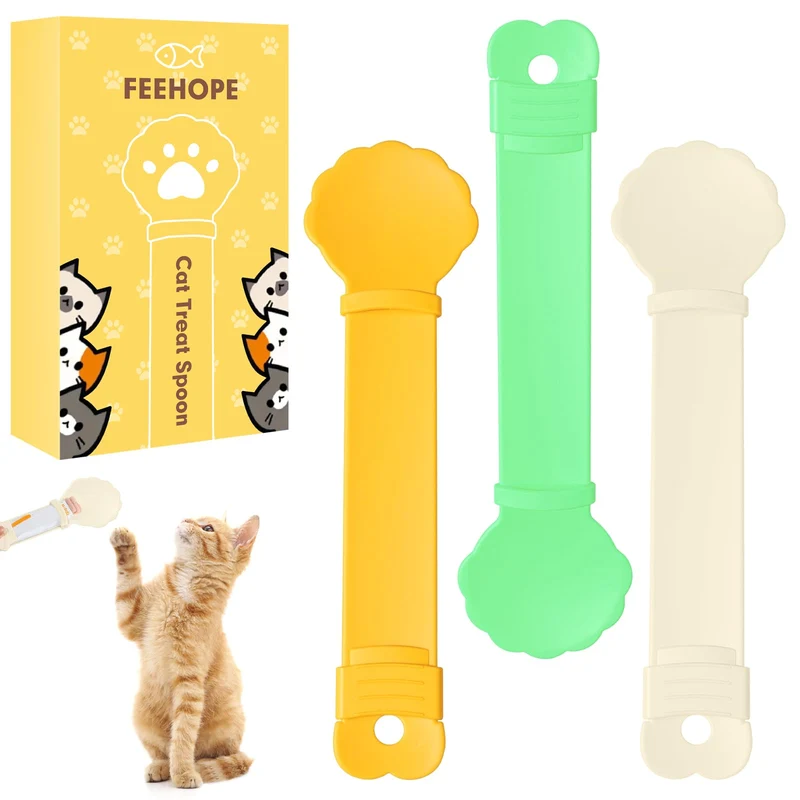 feehope 3 pièces Cuillères à friandises pour chat – Distributeur polyvalent pour nourriture humide (Beige/Vert/Orange)