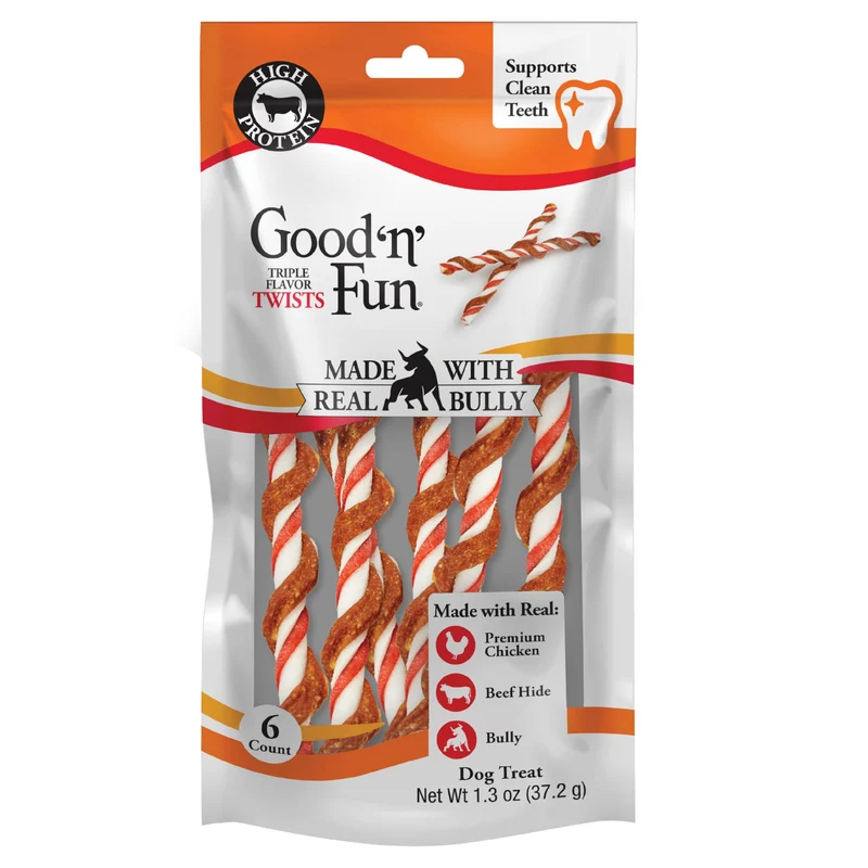 GOOD 'N' FUN Torsades Triple Saveurs avec Bully – Friandise Protéinée pour Chiens Adultes, au Poulet, Peau de Boeuf et Foie, Lot de 6