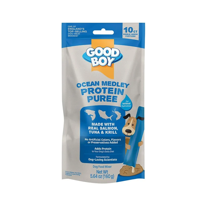 Good Boy Ocean Medley Purées – Mélanges protéinés pour chiens adultes, 10 tubes à portion unique, saveurs saumon, thon et krill