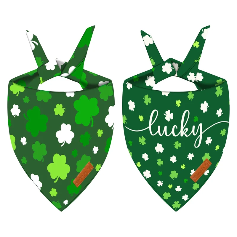 Kreyfer – 2 bandanas St-Patrick pour chiens et chats, dos recto-verso, motifs trèfle et Lucky (taille moyenne)