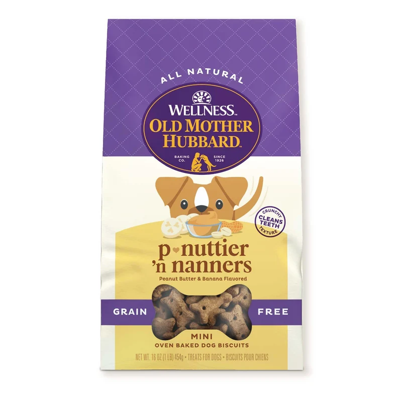 Old Mother Hubbard Wellness – Biscuits canins sans céréales P‑Nuttier'n Nanners, friandises naturelles mini, saveur beurre de cacahuète et banane