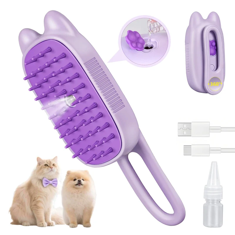 CXCHKK – Brosse Vapeur Rechargeable pour Chats – 3-en-1, Anti-Statique, Démêlage et Massage – Design Violet