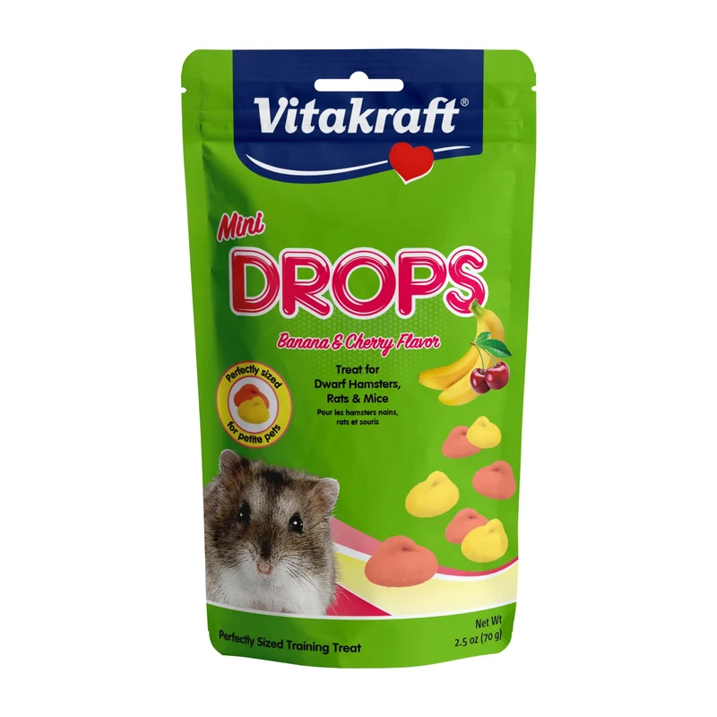 Vitakraft Mini Drops Cerise-Banane — Friandises fruitées pour hamsters nains, rats et souris (2,5 oz)