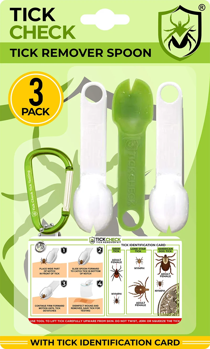 TickCheck Cuillère Extractrice de Tiques – Lot de 3, Ultra légère, Carte d’identification et Mousqueton