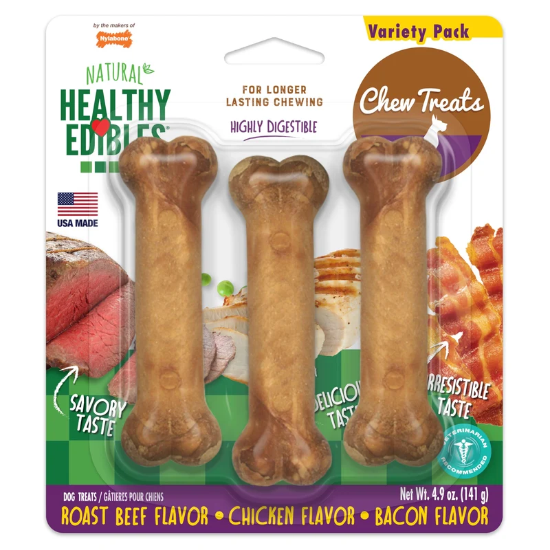 Nylabone Healthy Edibles – Os durables pour chiens, saveurs roast beef, poulet et bacon – Petit (3 pièces)