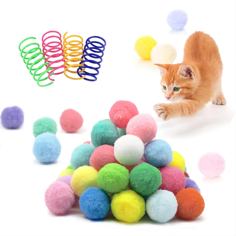 BaiKevin 30 Boules Pom Pom Silencieuses pour Chat (1,2 pouces) + 4 Jouets Ressorts — Ensemble Léger et Interactif