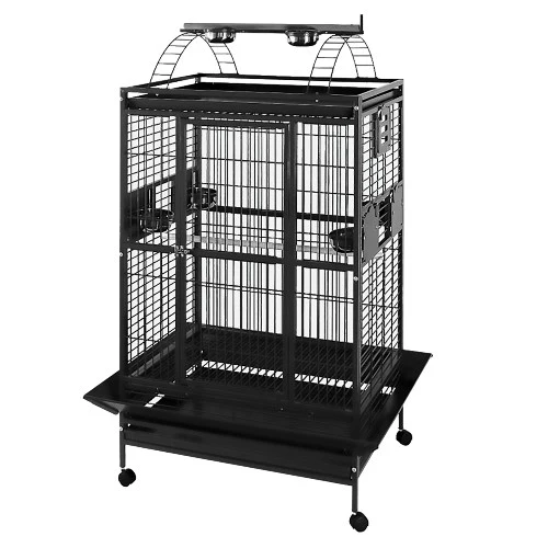 Cage HARI à toit avec aire de jeu pour perroquets - Noir et gris argenté antique - L. 91 x l. 71 x H. 174 cm (36 x 28 x 68,5 po)