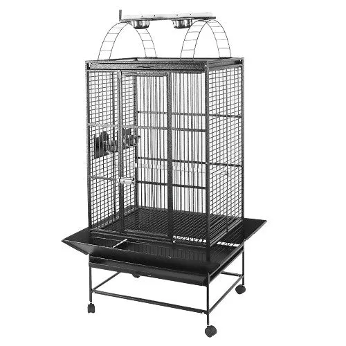 Cage HARI à toit avec aire de jeu pour perroquets - Noir et gris argenté antique - L. 76 x l. 61 x H. 178 cm (30 x 24 x 70 po)