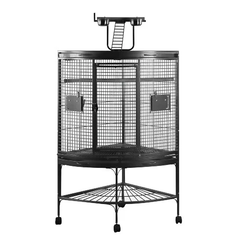 Cage HARI de coin à toit avec aire de jeu pour perroquets - Noir et gris argenté antique - L. 94 x l. 66 x H. 159 cm (37 x 26 x 62 po)