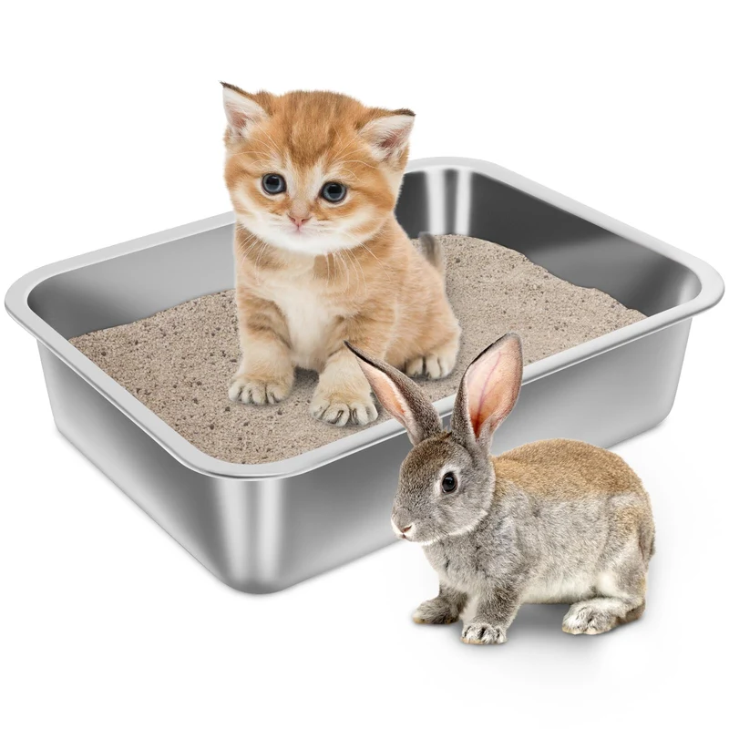 Holintan Bac à Litière en Acier Inox pour Chaton – 15,7 × 11,8 × 4 pouces, Nettoyage Facile et Sans Odeurs