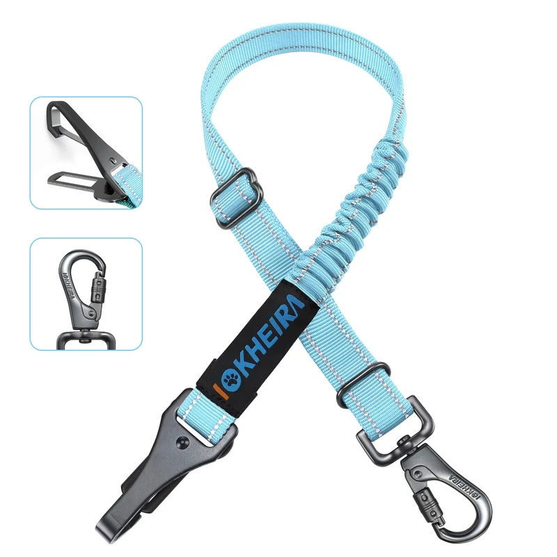 IOKHEIRA - Harnais-ceinture chien 3-en-1, nylon refléchant bleu clair pour voiture